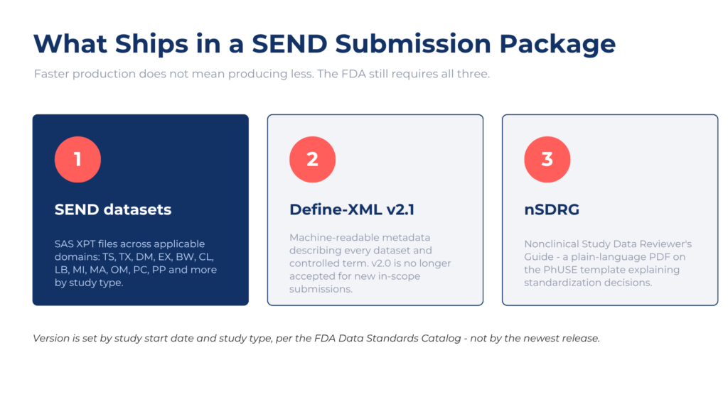 SEND submission package components: XPT datasets, Define-XML 2.1, and nSDRG reviewer guide